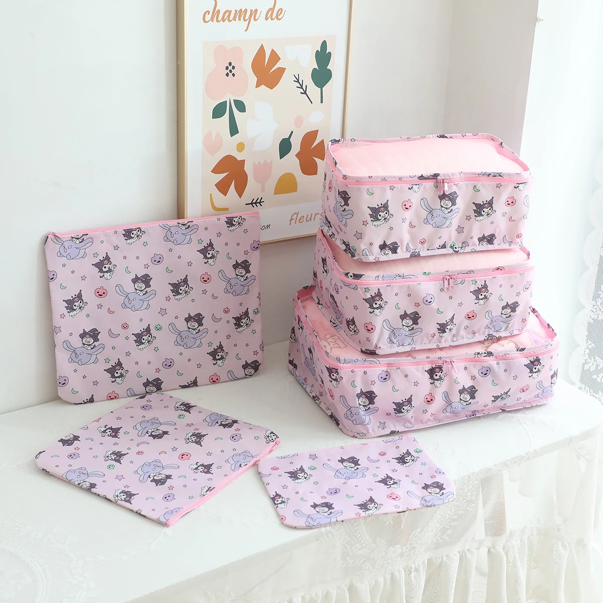 Sanrio Cute Cartoon My Melody Kuromi Waterproof Travel Storage 6 Pieces/set Clothes Sorting Bag Portable Makeup Bag Wash Bag