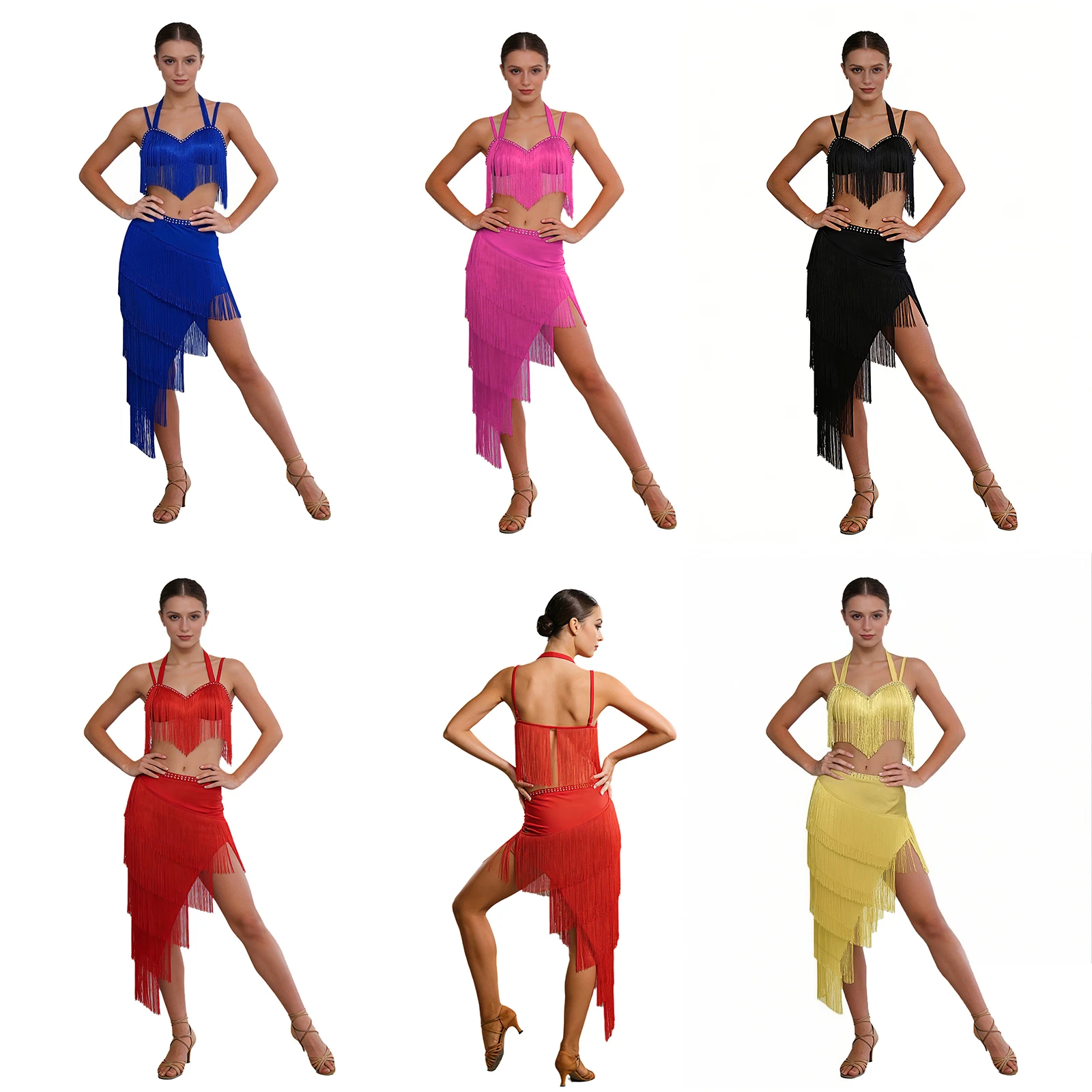 

Women Tassel Latin Dance Tango Bra Tops with Irregular Skirt for Cha-cha Rumba Samba Salsa Ballroom Belly Dancing Performance