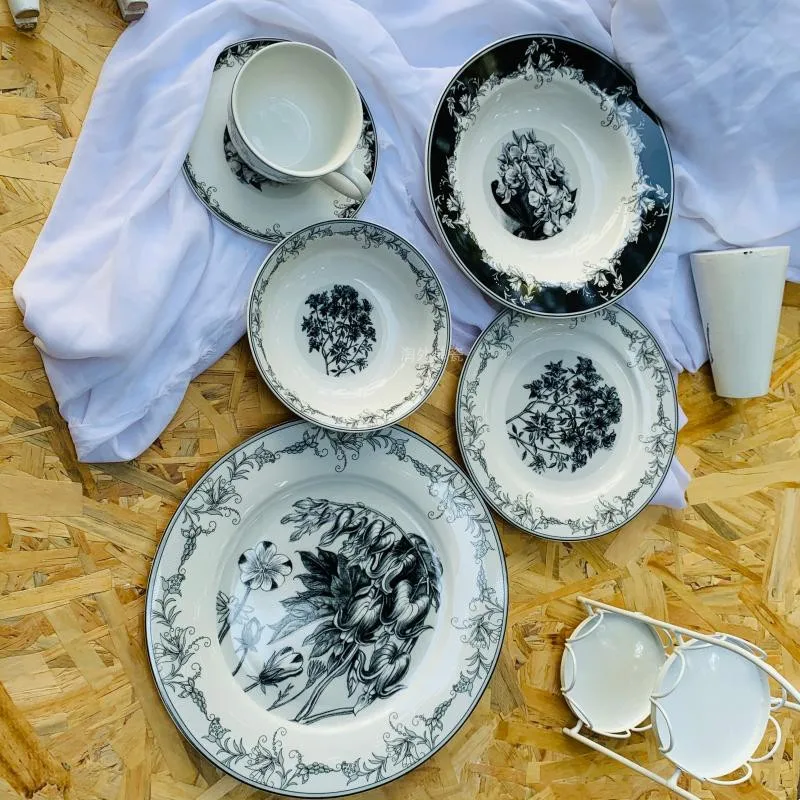 Retro Black Floral Ceramic Tableware Set,Hotel Western Cuisine Plate Salad Bowl Coffee Cup Saucer,Home Kitchen Dining Decor Gift