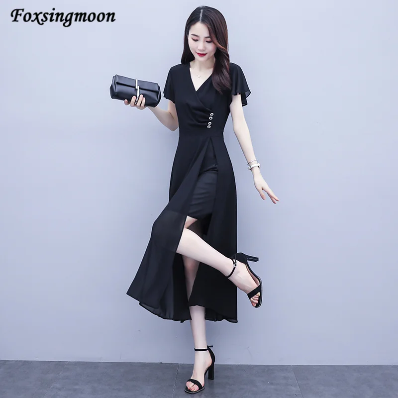 2022 Summer Fashion New Oversized Women's Short Sleeve Dress Solid Chiffon Dress Elegant Party Holiday Party Split Dress Lady