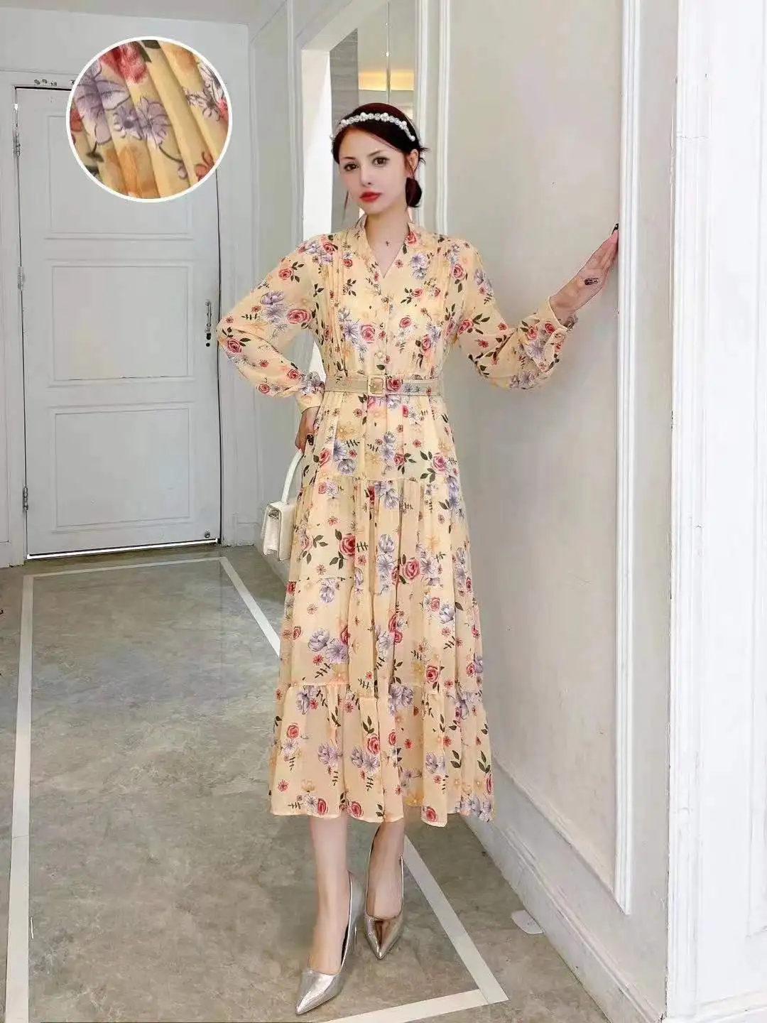 New Spring Autumn Women V-Neck Long Sleeve Belt Slim Long Dress Fashion Big Hem Sweet Floral Chiffon Dress