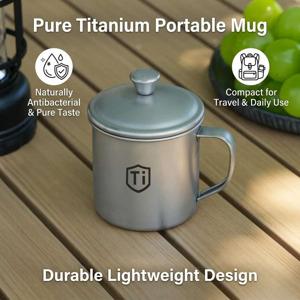 1 Stück Titan-Becher Titan-Wasserbecher Camping-Tassen Ultraleichter Reisebecher mit Klappgriff Titan-Deckel Trinkgefäß für den Außenbereich