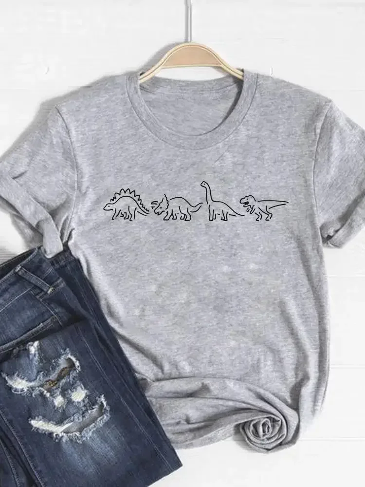 Women Dinosaur Animal Trend Clothing Gray Basic Tee Graphic T-shirt Print T Shirt Short Sleeve Summer Top Fashion Clothes