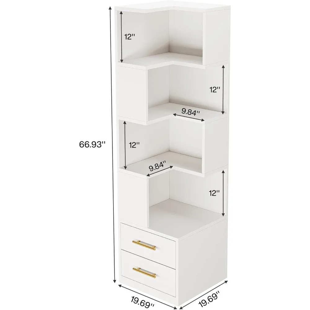 5-Tier Corner Bookshelf with 2 Drawers, 66.9-Inch Tall Corner Bookcase Shelf, Modern Simple Corner Storage Cabinet Display Rack