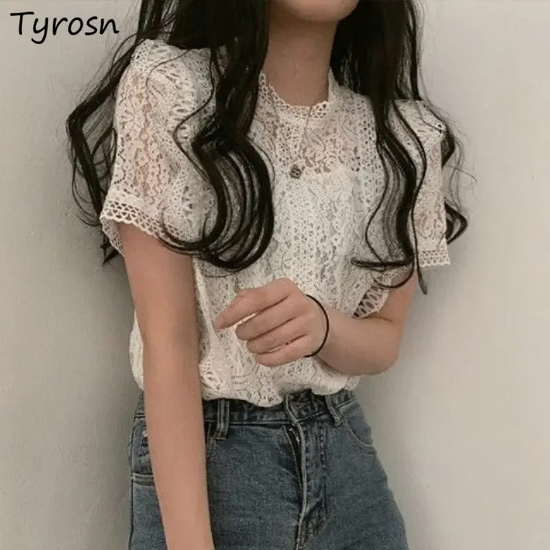 

Women Blouses Elegant Design Hollow Out Simple Solid Daily Chic Korean Style All-match Female Summer Casual Cozy Ladies Tender