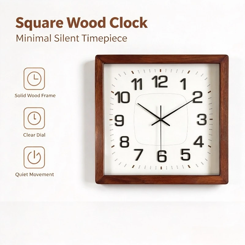 Simple Silent Solid Wood Wall Clock, Modern New Chinese Nordic Square Minimalist Art Quartz Clock