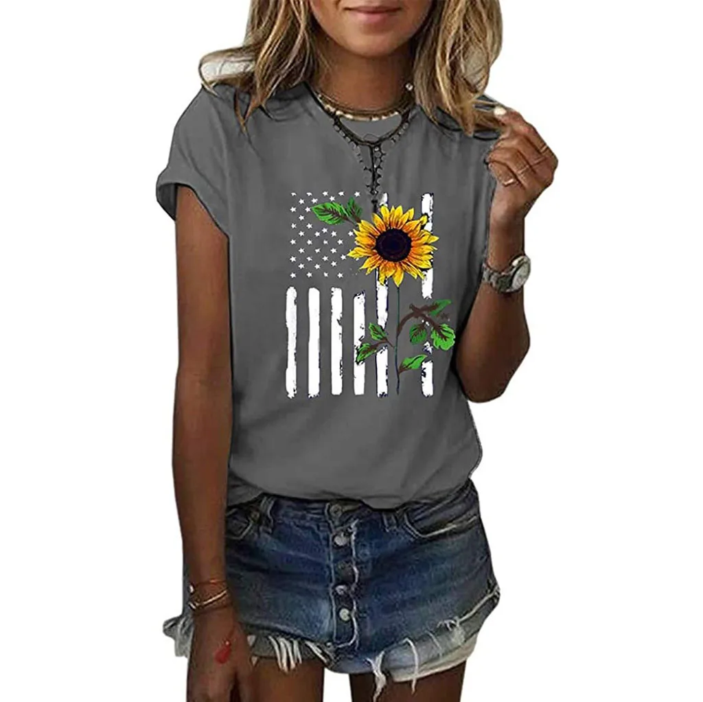 Women'S T Shirt Baggy Sportswear T Shirts Short Sleeved Tee Shirt Gym Tops O Neck Sunflower Print Summer Y2k Beach Camiseta