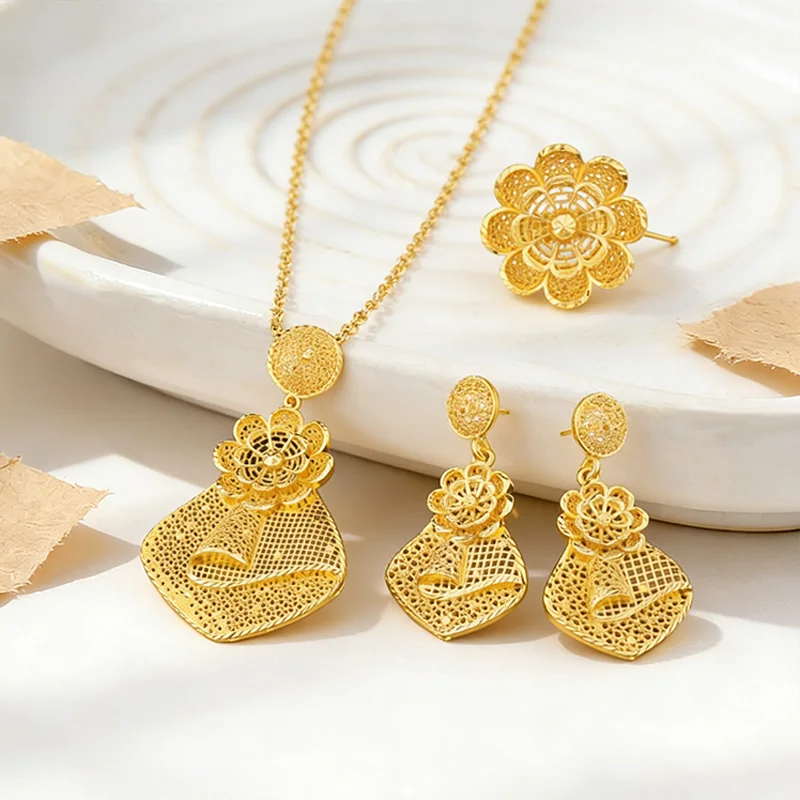 

Nigerian Jewelry Set Women Wedding Jewelry Dubai Gold Geometric Flower Necklace Earrings Ring Luxury Party Favors