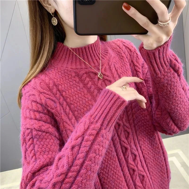 

Women Half High Collar Pullover Sweater Lady Autumn Winter Westernization Thickening Undershirt Female Loose Fit Knitwear Jumper