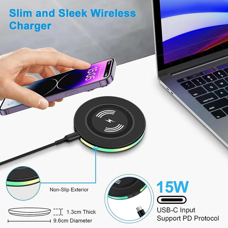 15W Wireless Charger For Samsung Galaxy S23 Ultra S22+ S21 S20 FE S10 S9 S8, Wireless Charger Pad Phone Charging Station Durable