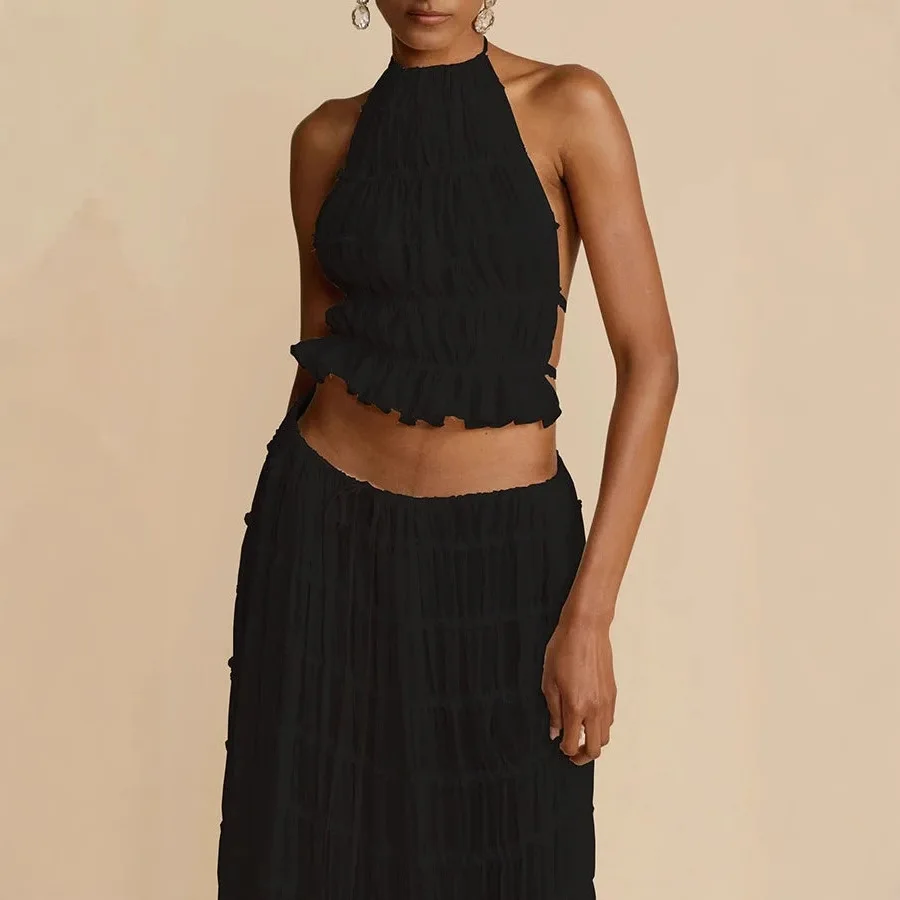 

Summer Sleeveless Backless Cropped Top High Waist Skirt 2 Piece Sets Lady Beach Dress Sexy Chic Halter Neck Long Skirt Set Women