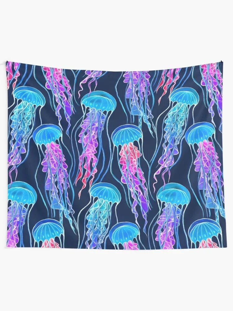 Luminescent Rainbow Jellyfish on Navy Blue Tapestry House Decoration Decor For Bedroom Tapestry