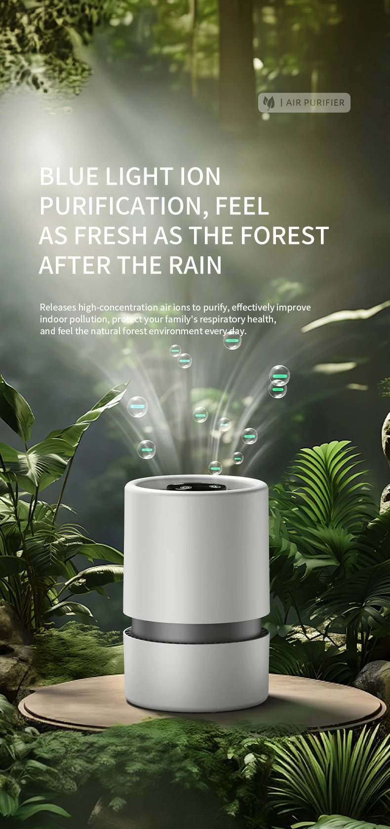 Portable Air Purifier HEPA Activated Carbon Composite Filter Blue Light Negative Ion 2 Speed Touch Control USB Type-C Quiet Night Mode Aroma Tank