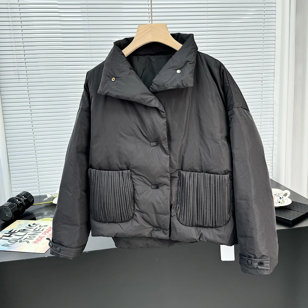 Fold Fashion Loose Women's Cotton Clothes Temperament Pleated Pockets Solid Color Versatile Commuter Down Jacket 2024 Winter New