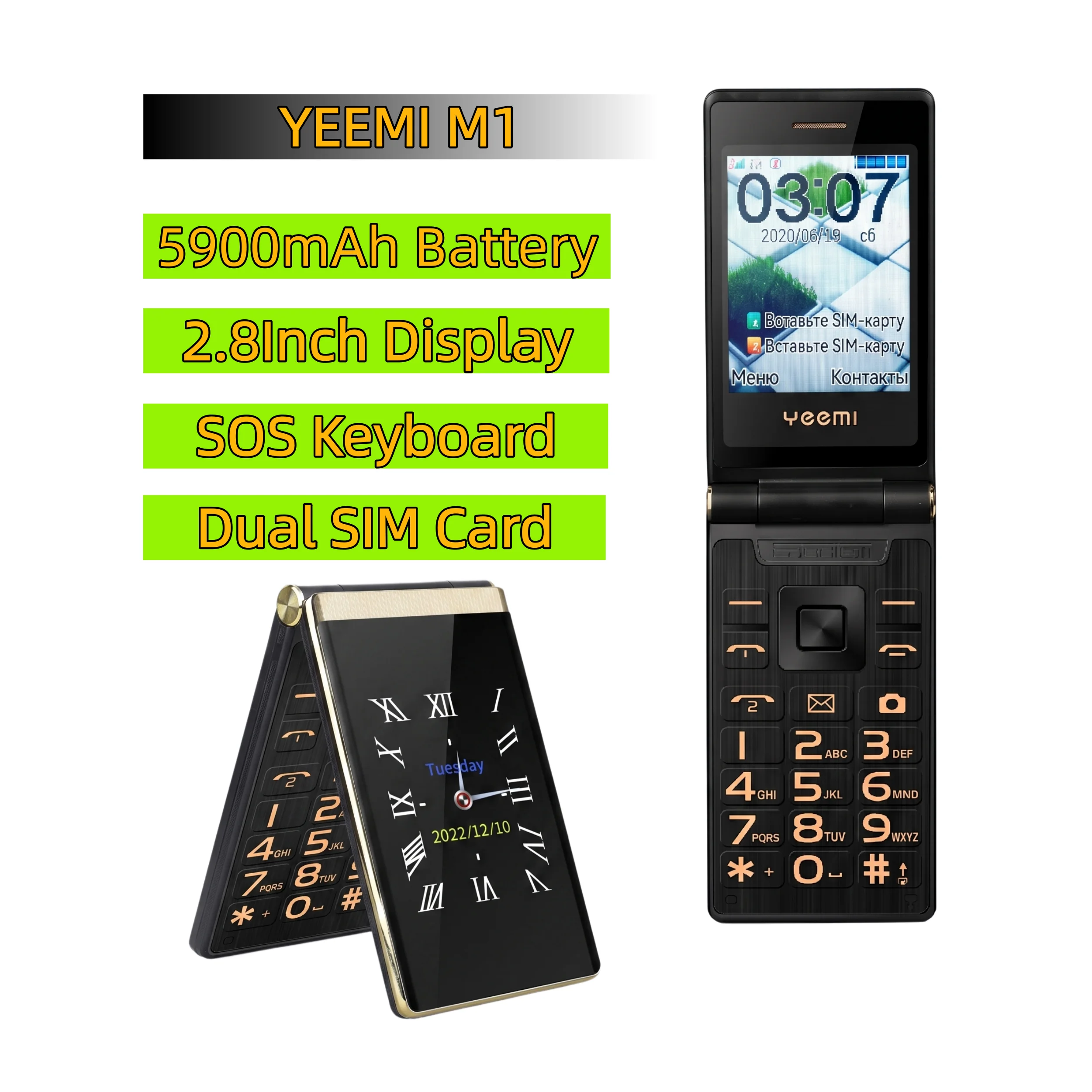 Elderly Keypad Phone YEEMI M1 GSM 2G Flip Cellphone 2.8'' Screen Dual SIM Card Double Display FM Mp3 Mp4 LED Torch Loud Voice