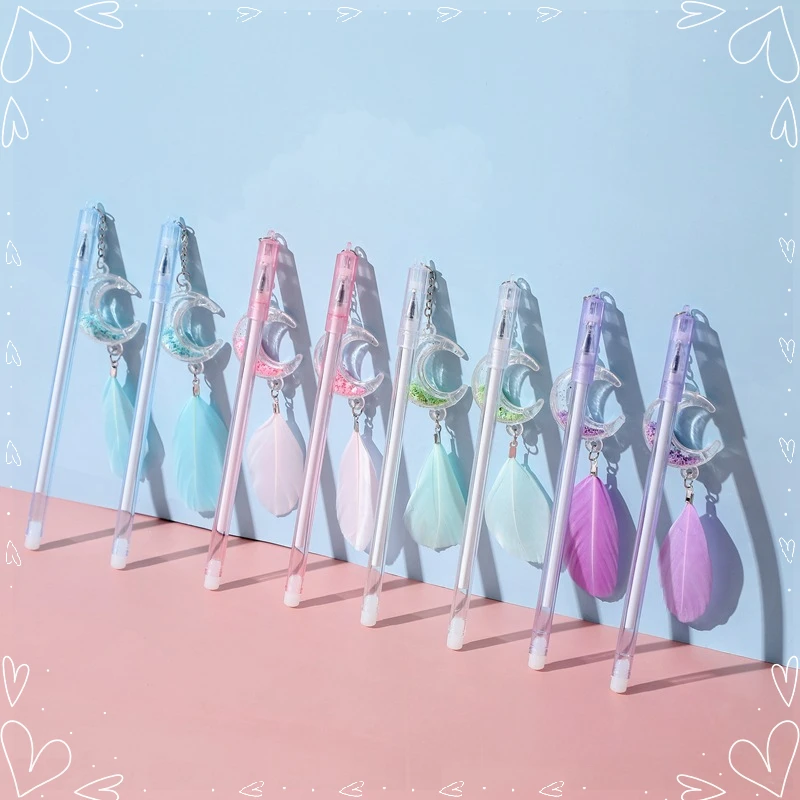 24 Pcs Creative Feather Moon Sequin Neutral Pens Set Student Learning Office Supplies Stationery Back To School