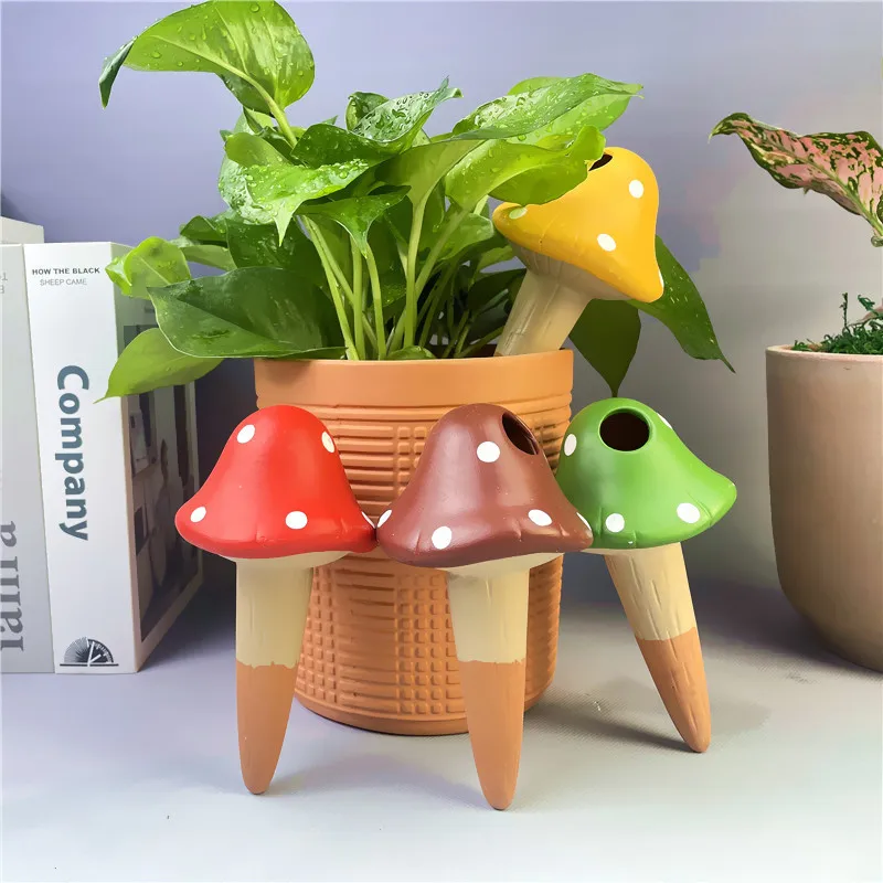 

4Pcs Self-Watering Mushroom Spikes Portable Automatic Terracotta Globe Small Potted Plant Waterer Cute Garden Device