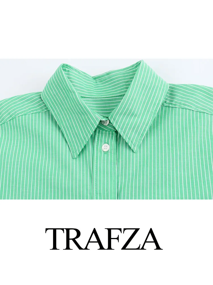 TRAFZA-Camisas femininas com gola virada para baixo, mangas compridas, peito único, elástico na cintura, roupas de calça com renda, na moda, verde, 2024