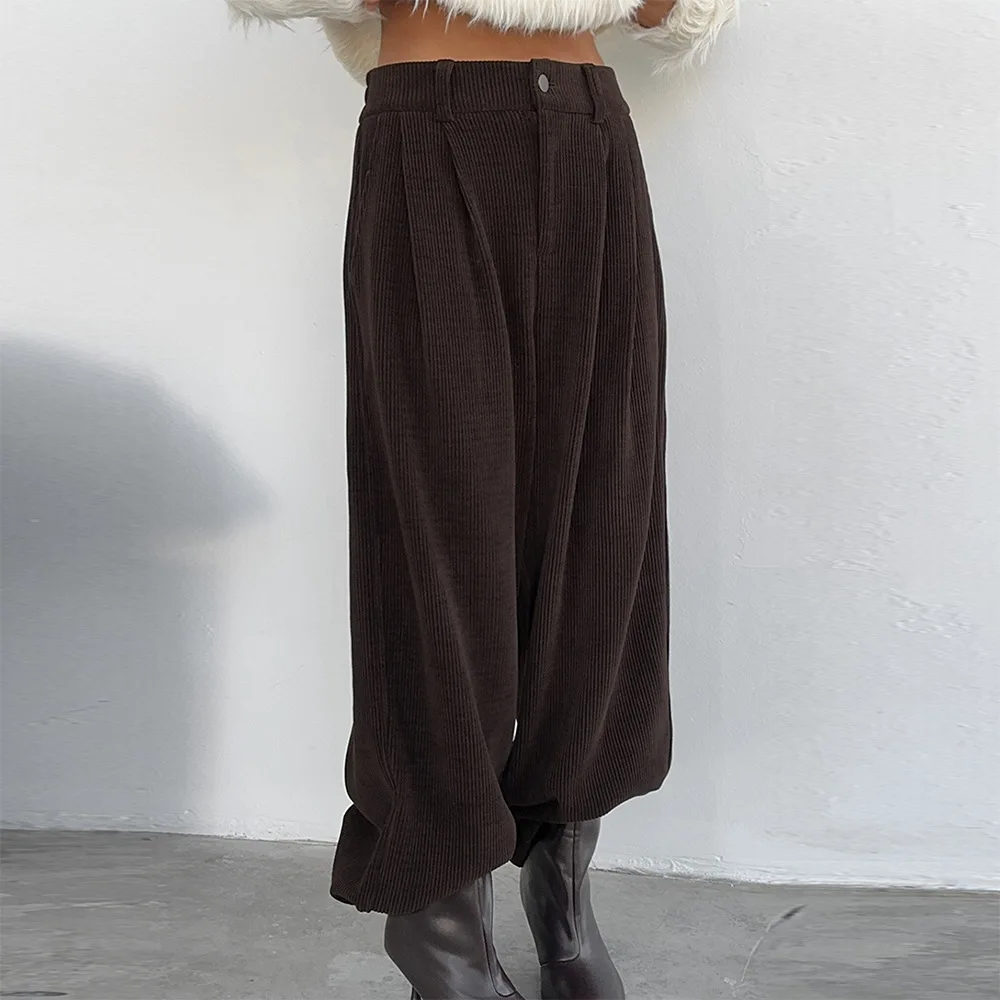 2026 Autumn Winter New Women Trend Solid Corduroy High Waist Straight Pant Simple Fashion Holiday Versatile Wide Leg Trousers