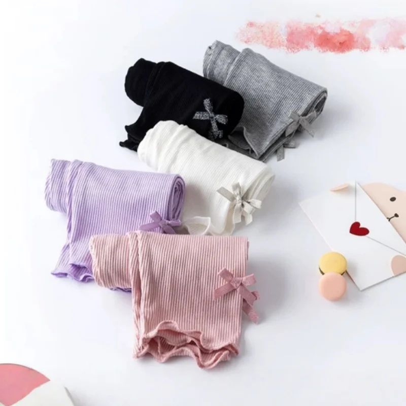 2026 Summer Kids Cute Seven Point Leggings 3-10Y Girls Solid Color Bow Waist Elastic Breathable Pants Children Clothes view 3