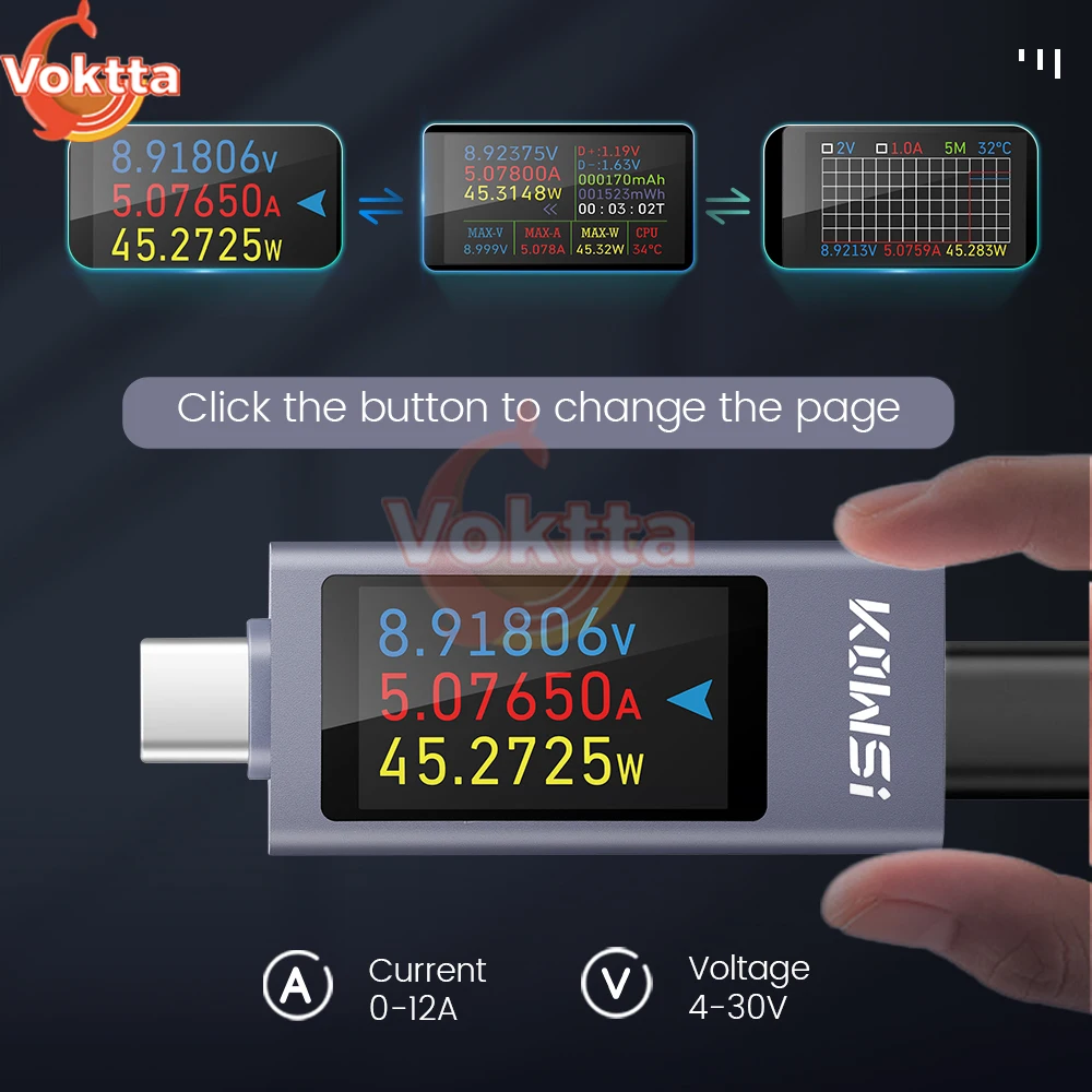 KWS USB type-c rozhraní tester stejnosměrný 4-30V 12A digitální voltmetr ampérmetr energie měřič elektrické napětí proud měřič baterie nabíjení tester