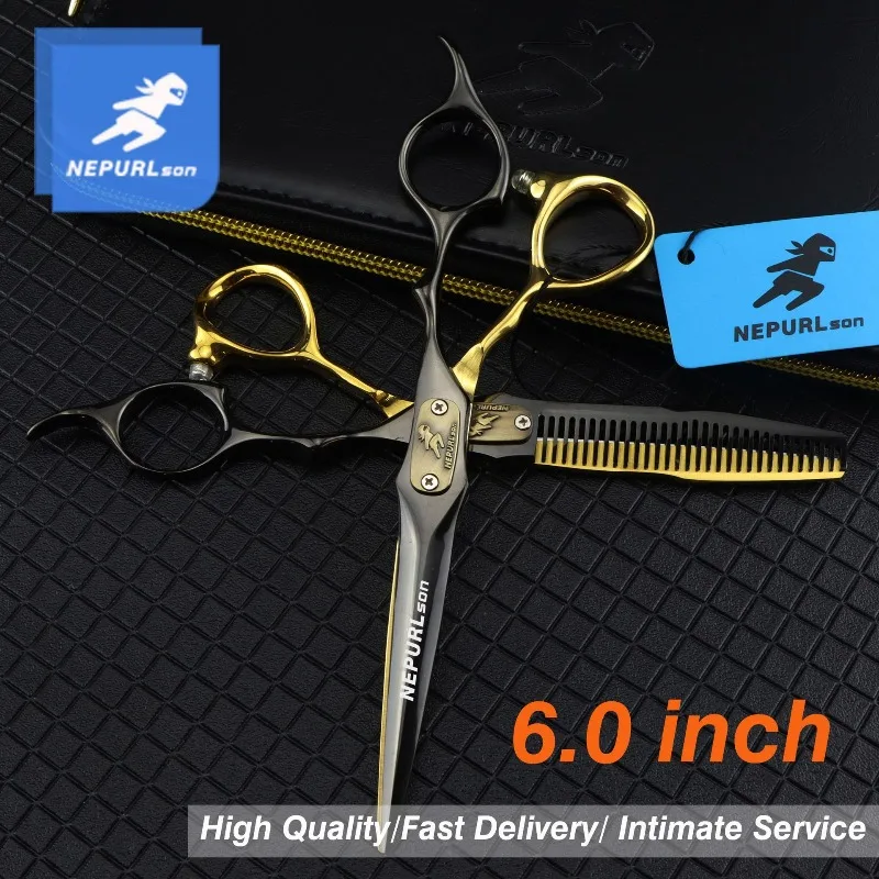 6.0inch black and gold double-sided sword-shaped hair scissors straight cut, toothed cut  right-hand scissors sharp beauty