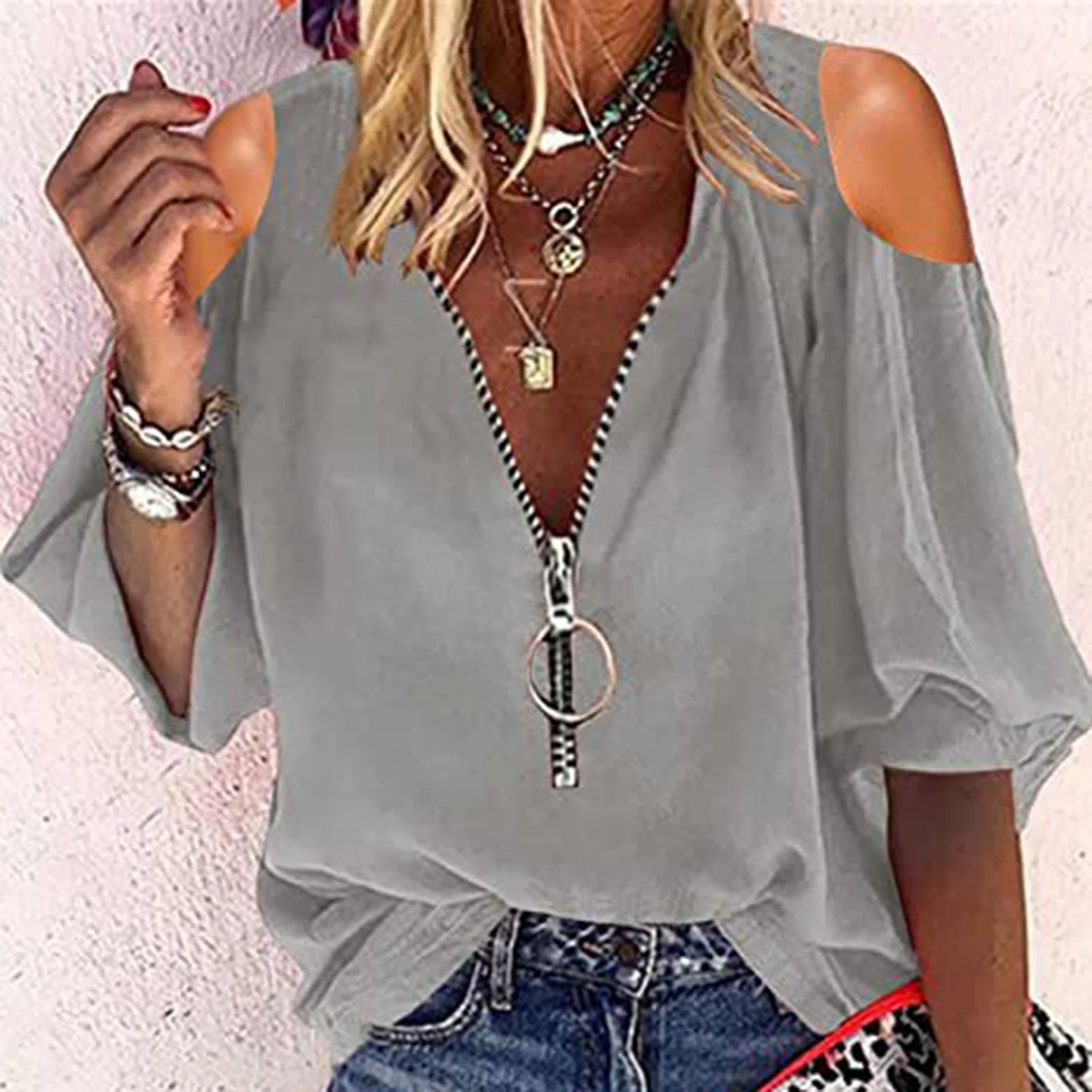 Women's Ultra-thin Shirt Blouse V-neck Front Zipper Puff Sleeve Shirts for Outdoor Business Office