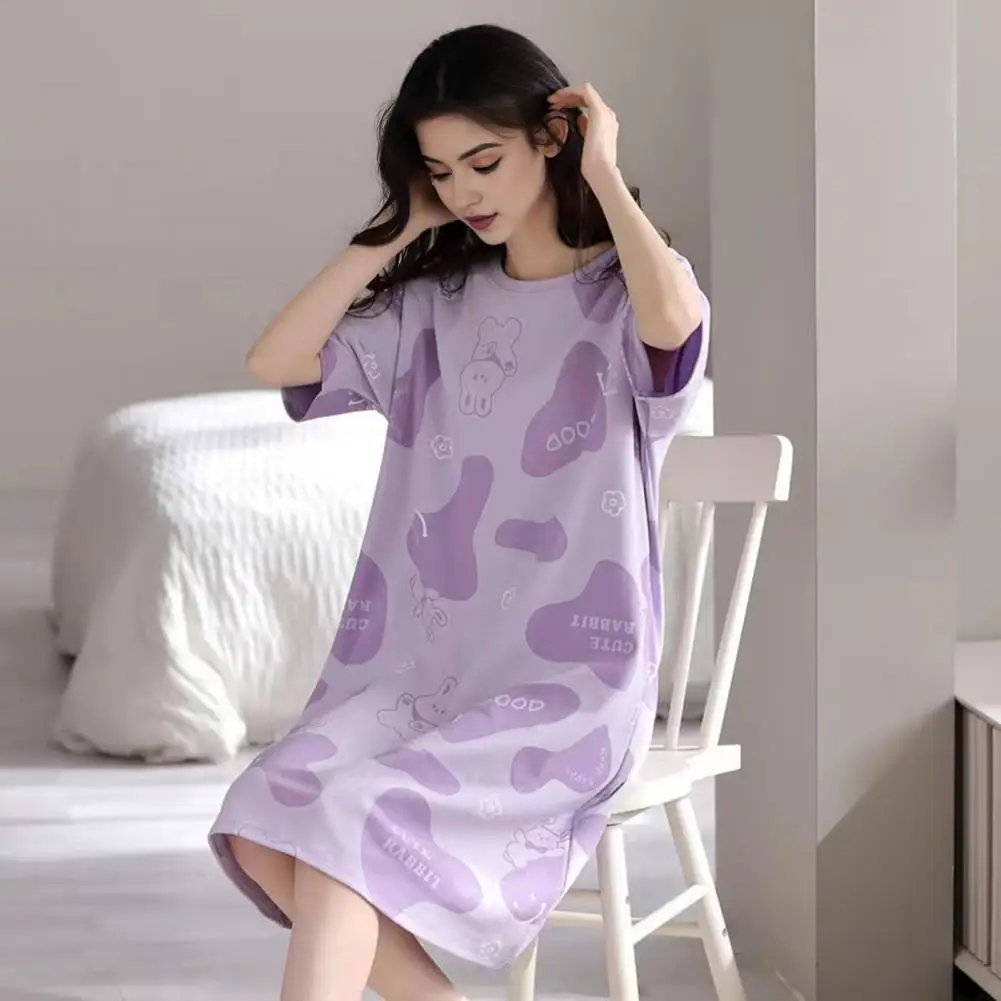 Homewear Dress Women Nightgown Cartoon Print Women\'s Summer Nightgown O Neck Loose Pullover Dress for Lady Sleepwear Knee Length