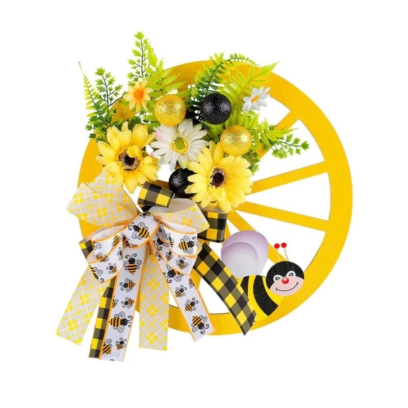 Front Door Wreath with Wheel, Artificial Spring Wreath Bowknot Sunflowers Wreath for Front Door Wall Garden Decorations 15UB