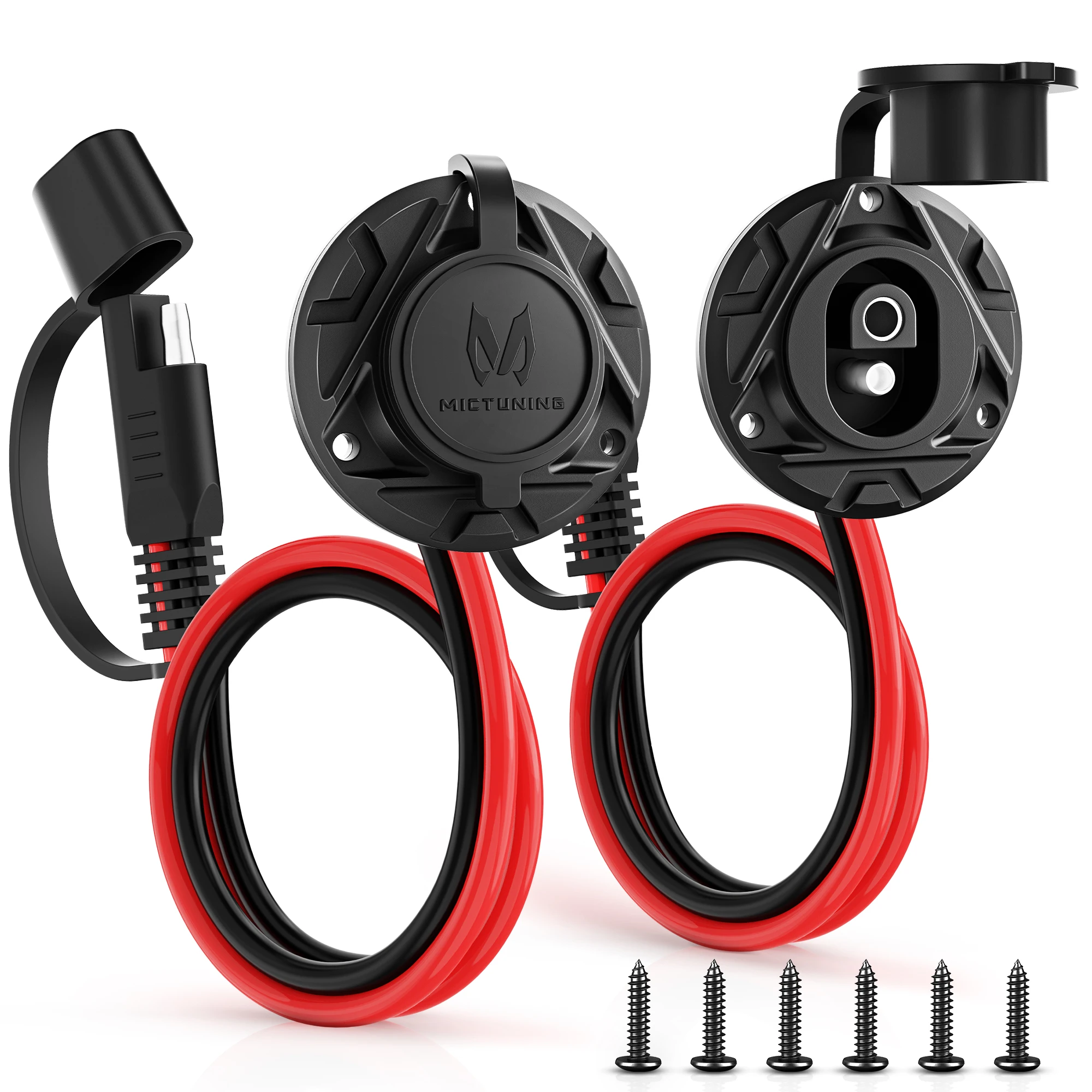 MICTUNING 2Pcs 1FT 14 AWG SAE Socket Side wall Port to Male Plug 12V-24V Power Cord Quick Connector Extension Cable Harness
