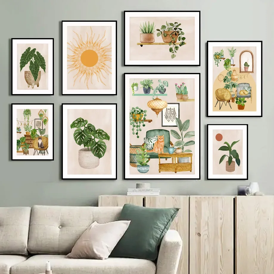 Abstract Sun Monstera Leaves Plant Cat Boho Art Canvas Painting Botanical Posters And Prints Wall Pictures For Living Room Decor