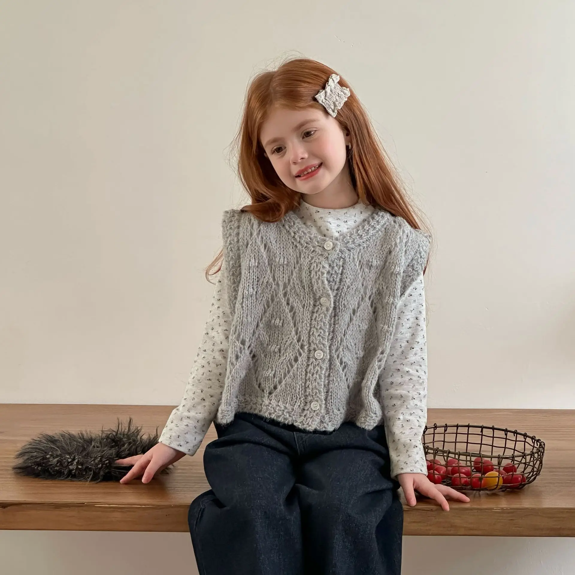 

Жилет для девочек, весенне-осенний корейский вариант, вязаный крючком жилет, повседневный стильный универсальный многослойный и элегантный одяг