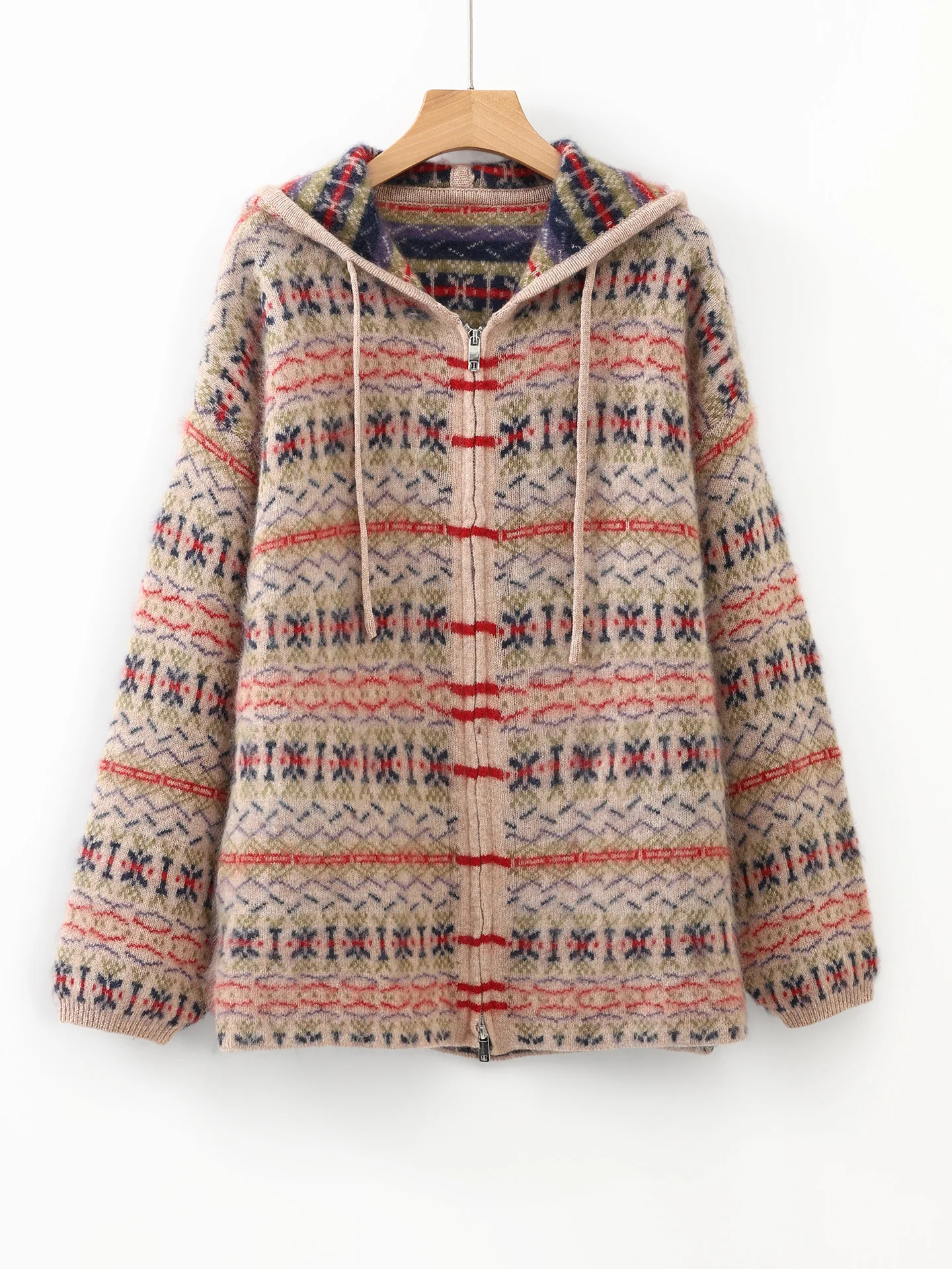 Light Luxury Brushed Merino Wool Blend Women's Coat Autumn Winter Warm Knitwear Retro Hooded Cardigan Long Sleeve Clothing Top