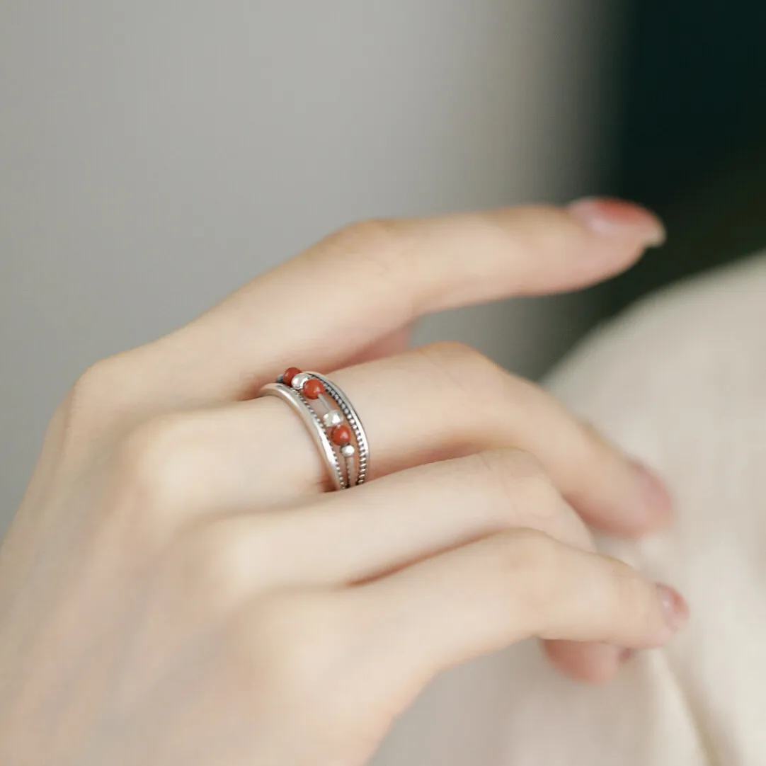925 Sterling Silver Jewelry Red Agate Moving Beads Open Finger Rings for Women Wedding Party Jewelry For Girls Friend Gift
