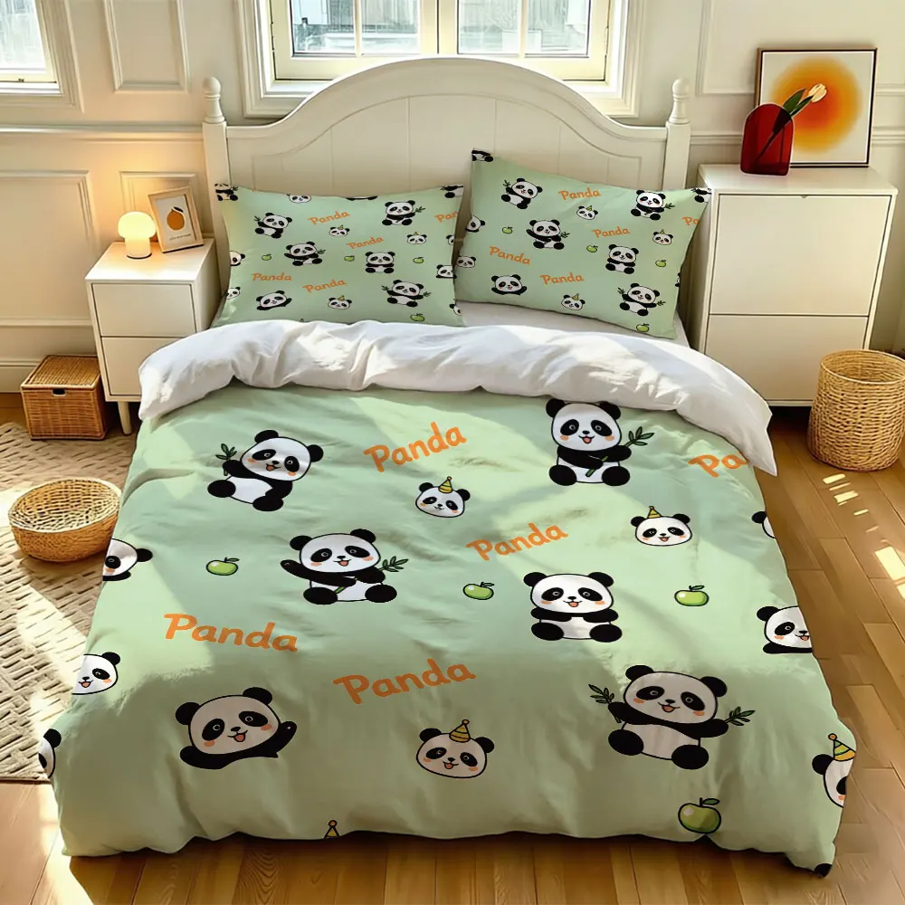 Juego de cama de 3 piezas con diseño de Panda de dibujos animados, funda nórdica sin relleno, 2 fundas de almohada, decoración suave y cómoda para dormitorio, lavable a máquina H