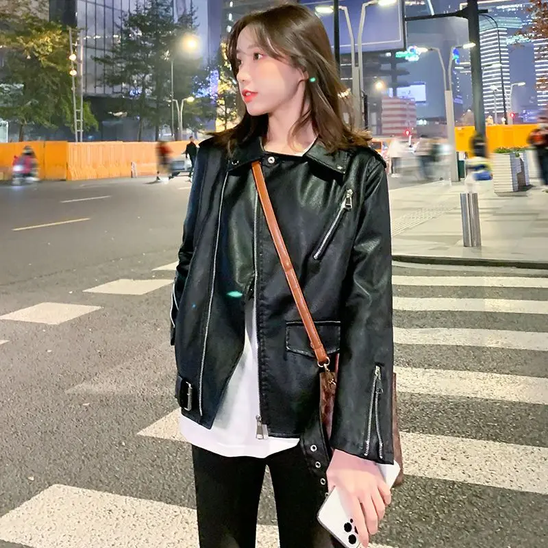 Loose Fashion Casual Leather Jacket Washed Leather 2023 Autumn Winter Zipper Jacket Turn-down Collar Thicken Warm Women's Jacket