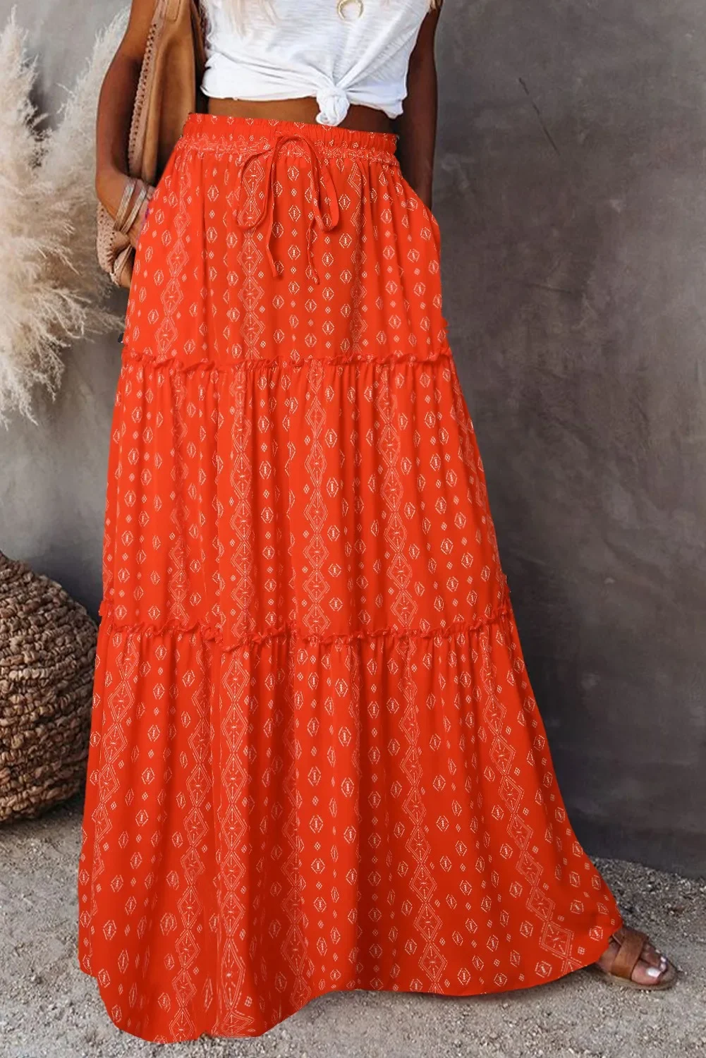 

Chic Hippie Women Floral Print Lace-up Tassel Beach Bohemian Skirt Lady Elastic Waist A-Line Vacation Boho Maxi Skirts