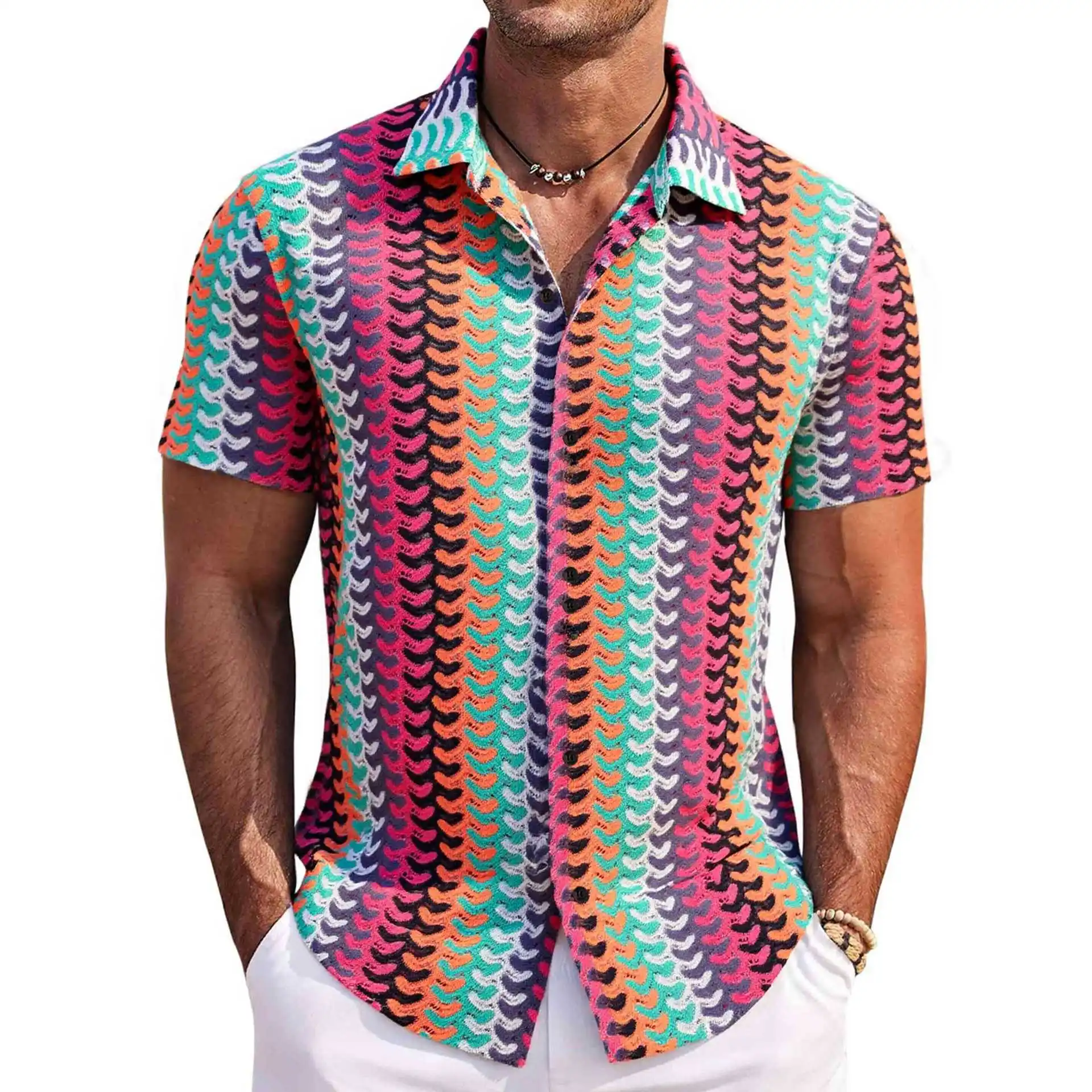 Men's Knitted Shirt Summer New Hollow Breathable Short Sleeved Shirt Streetwear Men Clothing
