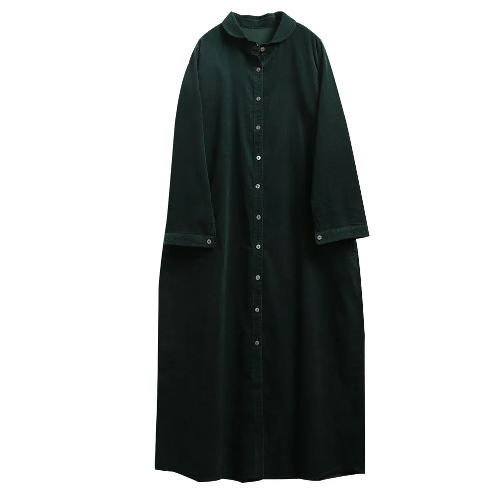 Spring Autumn Women Basics Loose Comfortable Natural Breathable Water Washed Cotton Corduroy Long Shirt Dresses