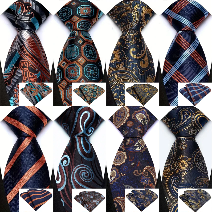 Herren-Krawatte, orange, braun, Blumenmuster, luxuriös, Seide, Polyester, Hochzeit, Abschlussball, 8 cm, Krawatten-Set, Einstecktuch, Geschenk für Ehemann, Herren-Accessoires