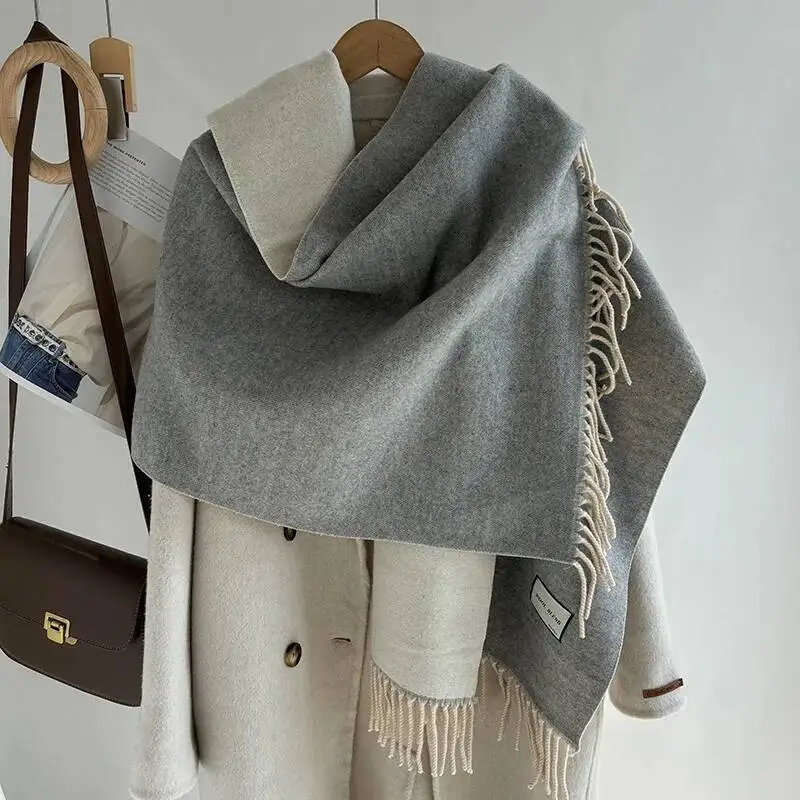 

Элегантный двухсторонний однотонный шерстяной шарф, женский весенне-осенний длинный шаль, зимний толстый шейный платок унисекс, теплый мягкий