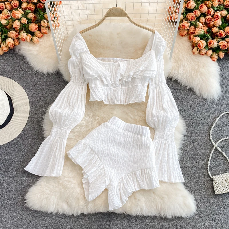 

French Sweet Wedding Bride Square Neck Suit Lady Romantic Princess Ruffles Summer Sets Tops Shorts Outfit Female Charming Suits