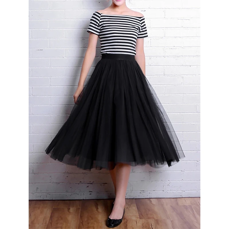 Summer Women Tulle SkirtStreetwear Elastic High Waist Mesh Pleated Skirts Summer Elegant Korean A Line Office Ladies Skirt