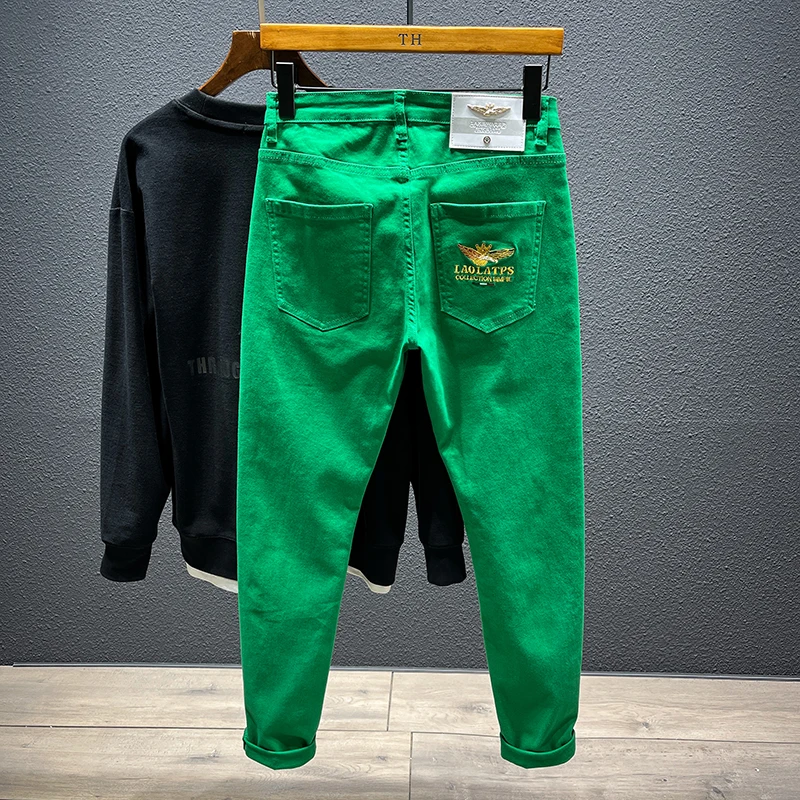 

een Embroidered Slim Fit Men's Jeans Elastic Casual Long Pants Trendy Brand Logo Patch Cotton Stretch Denim mid Waist Youth...