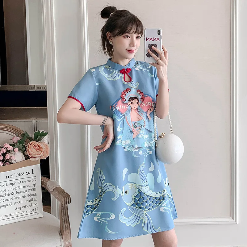 FZSLCYIYI Vintage Drop Collar Short Sleeve Chinese Dress Cotton Linen A-Line Qipao Summer Women Casual Cheongsam