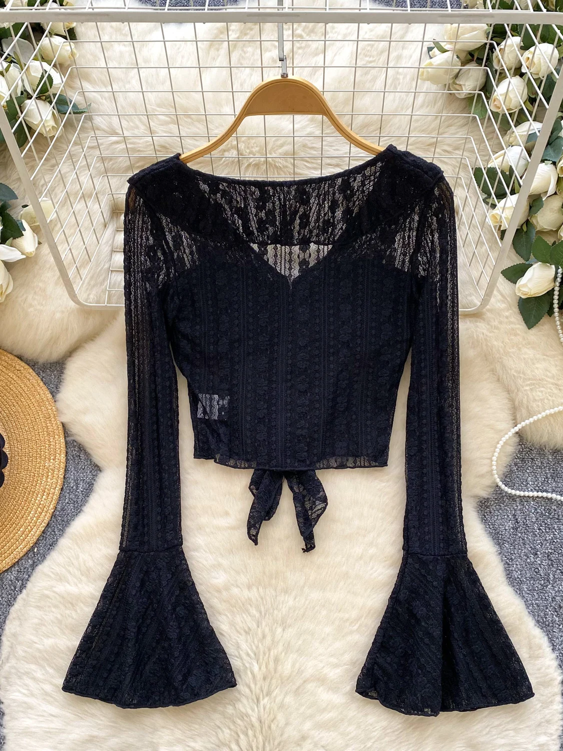 Pure Desire Spicy Bla Women's T-irt V-ne Lace Long Sve Thin Design Sense Floral  Splicing Breathable Autumn Clothes