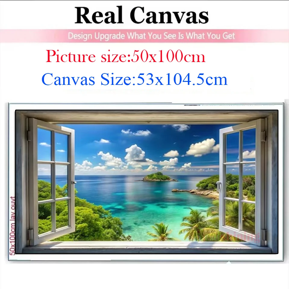 Window Sea Natural Landscape,Diamond Painting Large Full Square Round Waterfall Flowers Birds Diamond Mosaic Jewelry Cross Stich