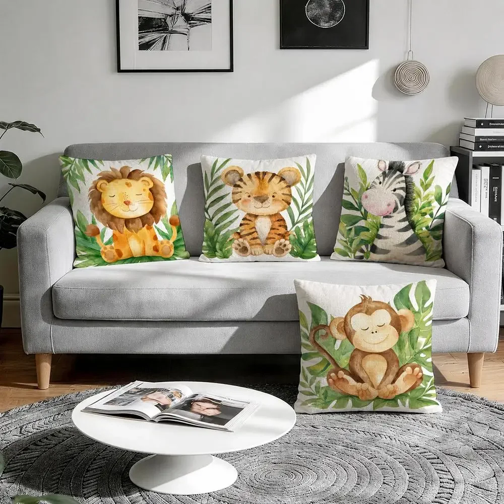Jungle animal lion zebra monkey tiger Cushion Cover Natural Breathable Durable Linen Printed Decor Pillow Case Sofa Bedroom
