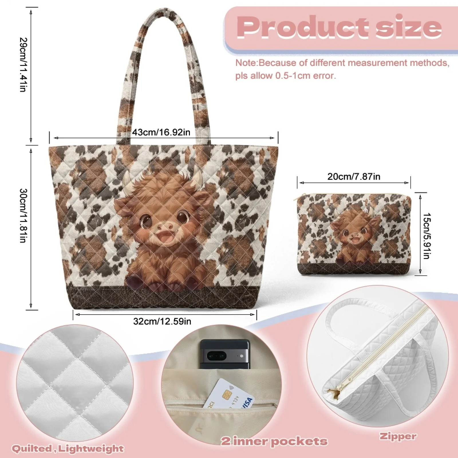 Coloranimal Floral Skull 2026 New 2 Piece Quilted Tote Bag with Wallet Casual Purses and Handbags Set