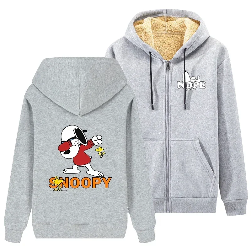 Snoopys Hooded Sweatshirt for Adult Lambswool Thicken Warm Anime Sportswear Zipper Coats Winter Women Men Clothes Birthday Gift